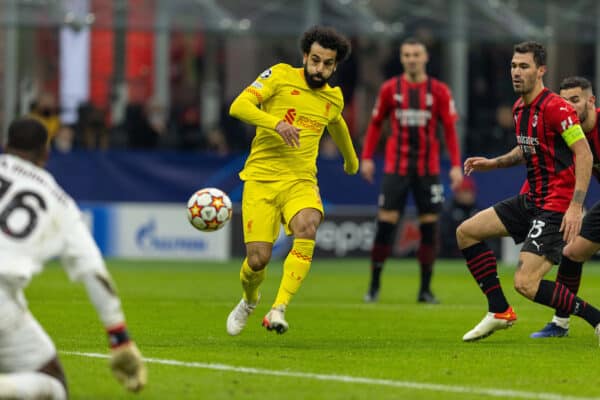 MILAN, ITALY - Tuesday, December 7, 2021: Liverpool's Mohamed Salah scores the first equalising goal during the UEFA Champions League Group B Matchday 6 game between AC Milan and Liverpool FC at the Stadio San Siro. (Pic by David Rawcliffe/Propaganda)