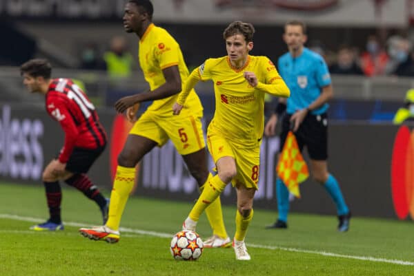 MILAN, ITALY - Tuesday, December 7, 2021: Liverpool's Tyler Morton during the UEFA Champions League Group B Matchday 6 game between AC Milan and Liverpool FC at the Stadio San Siro.  (Pic by David Rawcliffe/Propaganda)