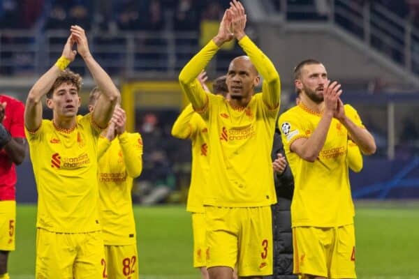 MILAN, ITALY - Tuesday, December 7, 2021: Liverpool's Takumi Minamino, Kostas Tsimikas, Fabio Henrique Tavares 'Fabinho', Nathaniel Phillips and Naby Keita applaud the travelling supporters after the UEFA Champions League Group B Matchday 6 game between AC Milan and Liverpool FC at the Stadio San Siro. (Pic by David Rawcliffe/Propaganda)