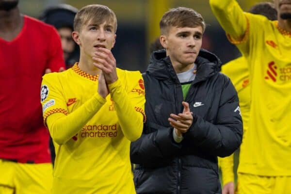 MILAN, ITALY - Tuesday, December 7, 2021: Liverpool's Max Woltman (L) and James Norris (R) applaud the travelling supporters after the UEFA Champions League Group B Matchday 6 game between AC Milan and Liverpool FC at the Stadio San Siro. (Pic by David Rawcliffe/Propaganda)