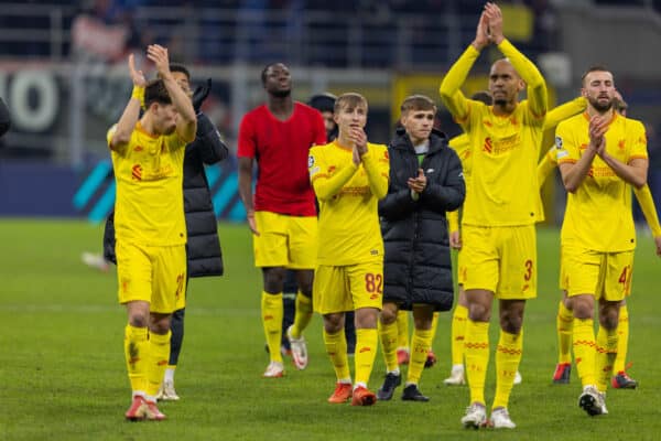 MILAN, ITALY - Tuesday, December 7, 2021: Liverpool's Max Woltman (L) and James Norris (R) applaud the travelling supporters after the UEFA Champions League Group B Matchday 6 game between AC Milan and Liverpool FC at the Stadio San Siro. (Pic by David Rawcliffe/Propaganda)