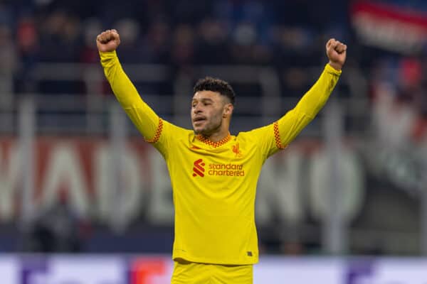 MILAN, ITALY - Tuesday, December 7, 2021: Liverpool's Alex Oxlade-Chamberlain celebrates after the UEFA Champions League Group B Matchday 6 game between AC Milan and Liverpool FC at the Stadio San Siro. (Pic by David Rawcliffe/Propaganda)