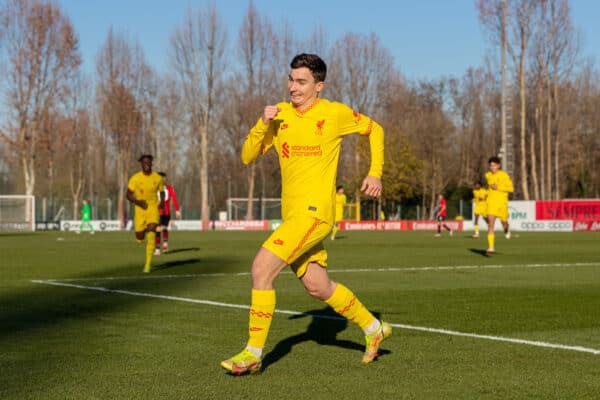 MILAN, ITALY - Tuesday, December 7, 2021: Liverpool's Mateus Musialowski celebrates after scoring the first goal during the UEFA Youth League Group B Matchday 6 game between AC Milan Under-19's and Liverpool FC Under-19's at the Centro Sportivo Vismara. (Pic by David Rawcliffe/Propaganda)