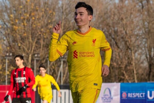 MILAN, ITALY - Tuesday, December 7, 2021: Liverpool's Mateus Musialowski celebrates after scoring the first goal during the UEFA Youth League Group B Matchday 6 game between AC Milan Under-19's and Liverpool FC Under-19's at the Centro Sportivo Vismara. (Pic by David Rawcliffe/Propaganda)