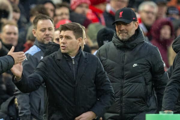 LIVERPOOL, ENGLAND - Saturday, December 11, 2021: Aston Villa's manager Steven Gerrard (R) greets Liverpool's first-team development coach Pepijn Lijnders before during the FA Premier League match between Liverpool FC and Aston Villa FC at Anfield. (Pic by David Rawcliffe/Propaganda)