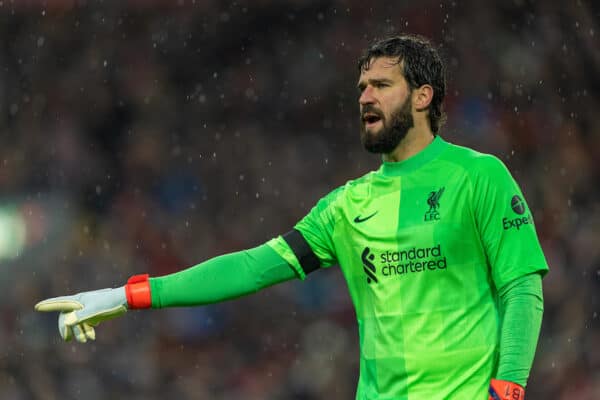 LIVERPOOL, ENGLAND - Saturday, December 11, 2021: Liverpool's goalkeeper Alisson Becker during the FA Premier League match between Liverpool FC and Aston Villa FC at Anfield. (Pic by David Rawcliffe/Propaganda)