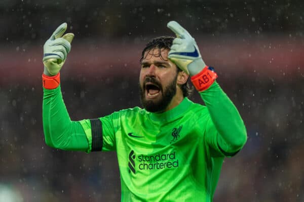 LIVERPOOL, ENGLAND - Saturday, December 11, 2021: Liverpool's goalkeeper Alisson Becker during the FA Premier League match between Liverpool FC and Aston Villa FC at Anfield. (Pic by David Rawcliffe/Propaganda)