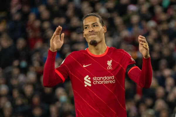 LIVERPOOL, ENGLAND - Saturday, December 11, 2021: Liverpool's Virgil van Dijk looks dejected after missing a chance during the FA Premier League match between Liverpool FC and Aston Villa FC at Anfield. (Pic by David Rawcliffe/Propaganda)