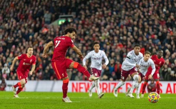 LIVERPOOL, ENGLAND - Saturday, December 11, 2021: Liverpool's Mohamed Salah scores the first goal from a penalty kick during the FA Premier League match between Liverpool FC and Aston Villa FC at Anfield. (Pic by David Rawcliffe/Propaganda)