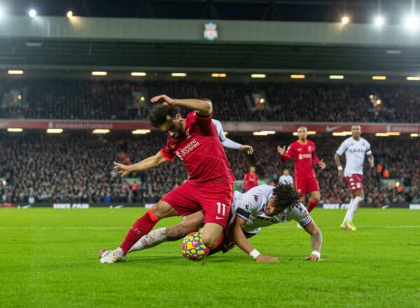 LIVERPOOL, ENGLAND - Saturday, December 11, 2021: Liverpool's Mohamed Salah is fouled by Aston Villa's Tyrone Mings for a penalty during the FA Premier League match between Liverpool FC and Aston Villa FC at Anfield. (Pic by David Rawcliffe/Propaganda)