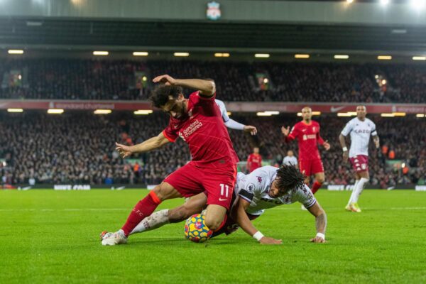 LIVERPOOL, ENGLAND - Saturday, December 11, 2021: Liverpool's Mohamed Salah is fouled by Aston Villa's Tyrone Mings for a penalty during the FA Premier League match between Liverpool FC and Aston Villa FC at Anfield. (Pic by David Rawcliffe/Propaganda)