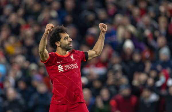 LIVERPOOL, ENGLAND - Saturday, December 11, 2021: Liverpool's Mohamed Salah celebrates after scoring the first goal from a penalty kick during the FA Premier League match between Liverpool FC and Aston Villa FC at Anfield. (Pic by David Rawcliffe/Propaganda)