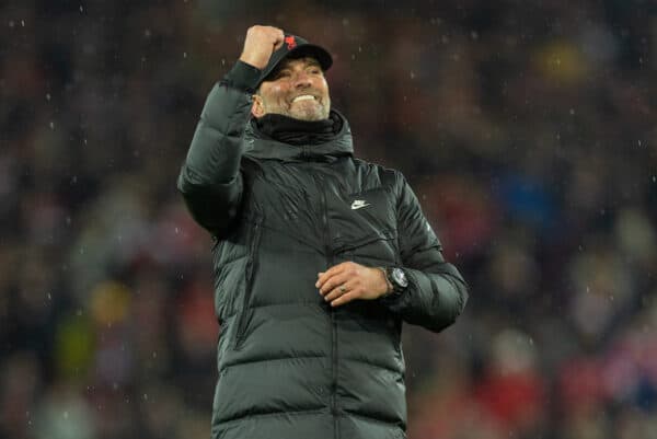 LIVERPOOL, ENGLAND - Saturday, December 11, 2021: Liverpool's manager Jürgen Klopp celebrates after the FA Premier League match between Liverpool FC and Aston Villa FC at Anfield. Liverpool won 1-0. (Pic by David Rawcliffe/Propaganda)