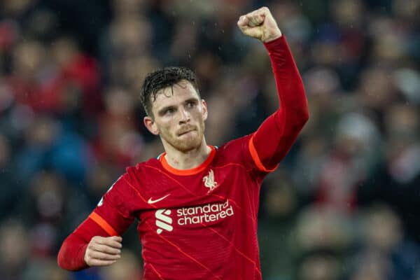 LIVERPOOL, ENGLAND - Saturday, December 11, 2021: Liverpool's Andy Robertson celebrates after the FA Premier League match between Liverpool FC and Aston Villa FC at Anfield. Liverpool won 1-0. (Pic by David Rawcliffe/Propaganda)