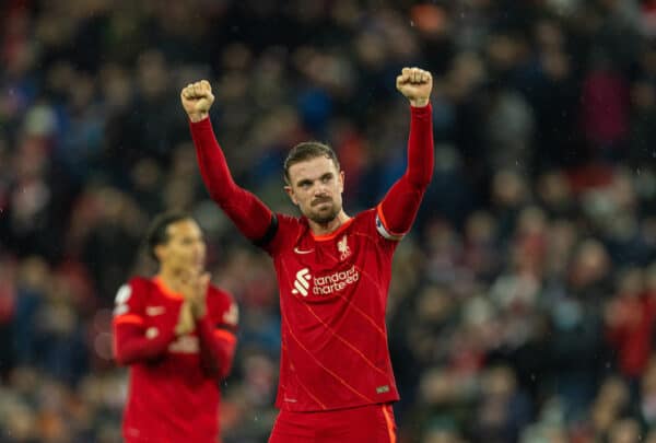 LIVERPOOL, ENGLAND - Saturday, December 11, 2021: Liverpool's captain Jordan Henderson celebrates after the FA Premier League match between Liverpool FC and Aston Villa FC at Anfield. Liverpool won 1-0. (Pic by David Rawcliffe/Propaganda)