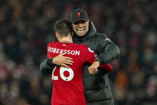 LIVERPOOL, ENGLAND - Saturday, December 11, 2021: Liverpool's manager Jürgen Klopp celebrates with Andy Robertson after the FA Premier League match between Liverpool FC and Aston Villa FC at Anfield. Liverpool won 1-0. (Pic by David Rawcliffe/Propaganda)