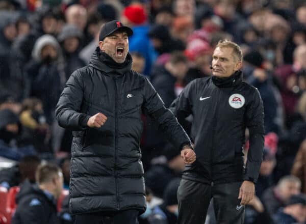 LIVERPOOL, ENGLAND - Saturday, December 11, 2021: Liverpool's manager Jürgen Klopp reacts during the FA Premier League match between Liverpool FC and Aston Villa FC at Anfield. (Pic by David Rawcliffe/Propaganda)