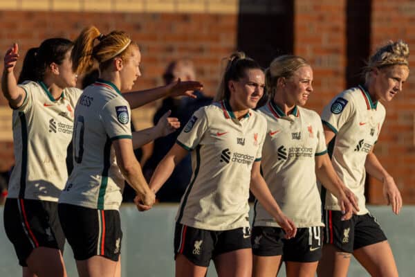 LEYLAND, ENGLAND - Sunday, December 12, 2021: Liverpool's Melissa Lawley (C) celebrates after scoring the first goal during the Women’s FA Cup 3rd Round match between Burnley FC Women and Liverpool FC Women at the County Ground. (Pic by David Rawcliffe/Propaganda)