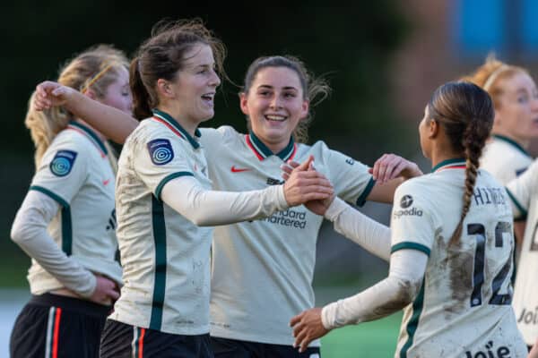 LEYLAND, ENGLAND - Sunday, December 12, 2021: Liverpool's captain Niamh Fahey (L) celebrates after scoring the third goal during the Women’s FA Cup 3rd Round match between Burnley FC Women and Liverpool FC Women at the County Ground. (Pic by David Rawcliffe/Propaganda)