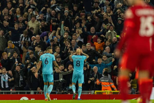 LIVERPOOL, ENGLAND - Thursday, December 16, 2021: Newcastle United's Jonjo Shelvey celebrates after scoring the first goal during the FA Premier League match between Liverpool FC and Newcastle United FC at Anfield. (Pic by David Rawcliffe/Propaganda)