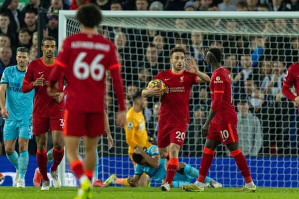 LIVERPOOL, ENGLAND - Thursday, December 16, 2021: Liverpool's Diogo Jota celebrates after scoring his side's first goal during the FA Premier League match between Liverpool FC and Newcastle United FC at Anfield. (Pic by David Rawcliffe/Propaganda)