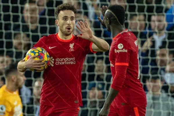 LIVERPOOL, ENGLAND - Thursday, December 16, 2021: Liverpool's Diogo Jota celebrates after scoring his side's first goal during the FA Premier League match between Liverpool FC and Newcastle United FC at Anfield. (Pic by David Rawcliffe/Propaganda)