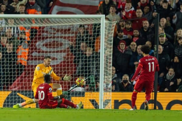 LIVERPOOL, ENGLAND - Thursday, December 16, 2021: Liverpool's Mohamed Salah scores the second goal during the FA Premier League match between Liverpool FC and Newcastle United FC at Anfield. (Pic by David Rawcliffe/Propaganda)