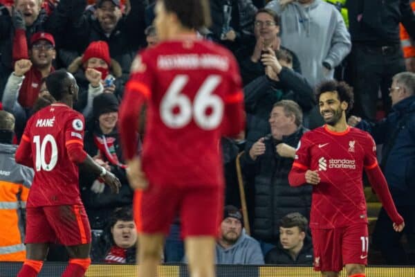 LIVERPOOL, ENGLAND - Thursday, December 16, 2021: Liverpool's Mohamed Salah scores the second goal during the FA Premier League match between Liverpool FC and Newcastle United FC at Anfield. (Pic by David Rawcliffe/Propaganda)