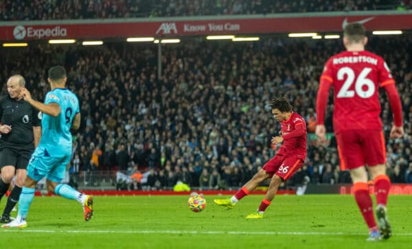 LIVERPOOL, ENGLAND - Thursday, December 16, 2021: Liverpool's Trent Alexander-Arnold scores the third goal during the FA Premier League match between Liverpool FC and Newcastle United FC at Anfield. (Pic by David Rawcliffe/Propaganda)