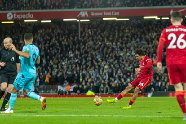 LIVERPOOL, ENGLAND - Thursday, December 16, 2021: Liverpool's Trent Alexander-Arnold scores after the third goal during the FA Premier League match between Liverpool FC and Newcastle United FC at Anfield. (Pic by David Rawcliffe/Propaganda)