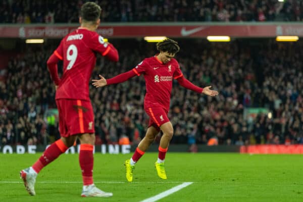 LIVERPOOL, ENGLAND - Thursday, December 16, 2021: Liverpool's Trent Alexander-Arnold celebrates after scoring the third goal during the FA Premier League match between Liverpool FC and Newcastle United FC at Anfield. (Pic by David Rawcliffe/Propaganda)