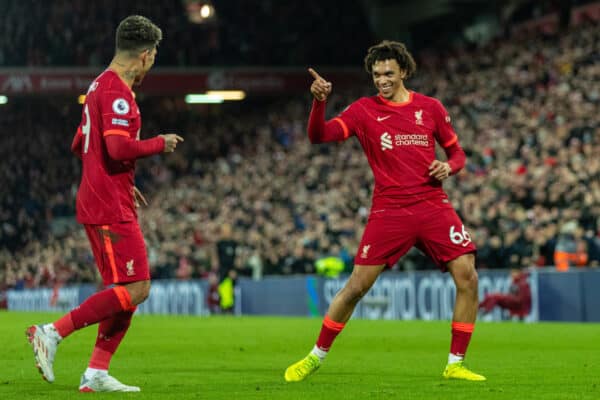 LIVERPOOL, ENGLAND - Thursday, December 16, 2021: Liverpool's Trent Alexander-Arnold celebrates after scoring the third goal during the FA Premier League match between Liverpool FC and Newcastle United FC at Anfield. (Pic by David Rawcliffe/Propaganda)