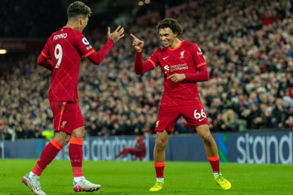 LIVERPOOL, ENGLAND - Thursday, December 16, 2021: Liverpool's Trent Alexander-Arnold (R) celebrates after scoring the third goal during the FA Premier League match between Liverpool FC and Newcastle United FC at Anfield. (Pic by David Rawcliffe/Propaganda)