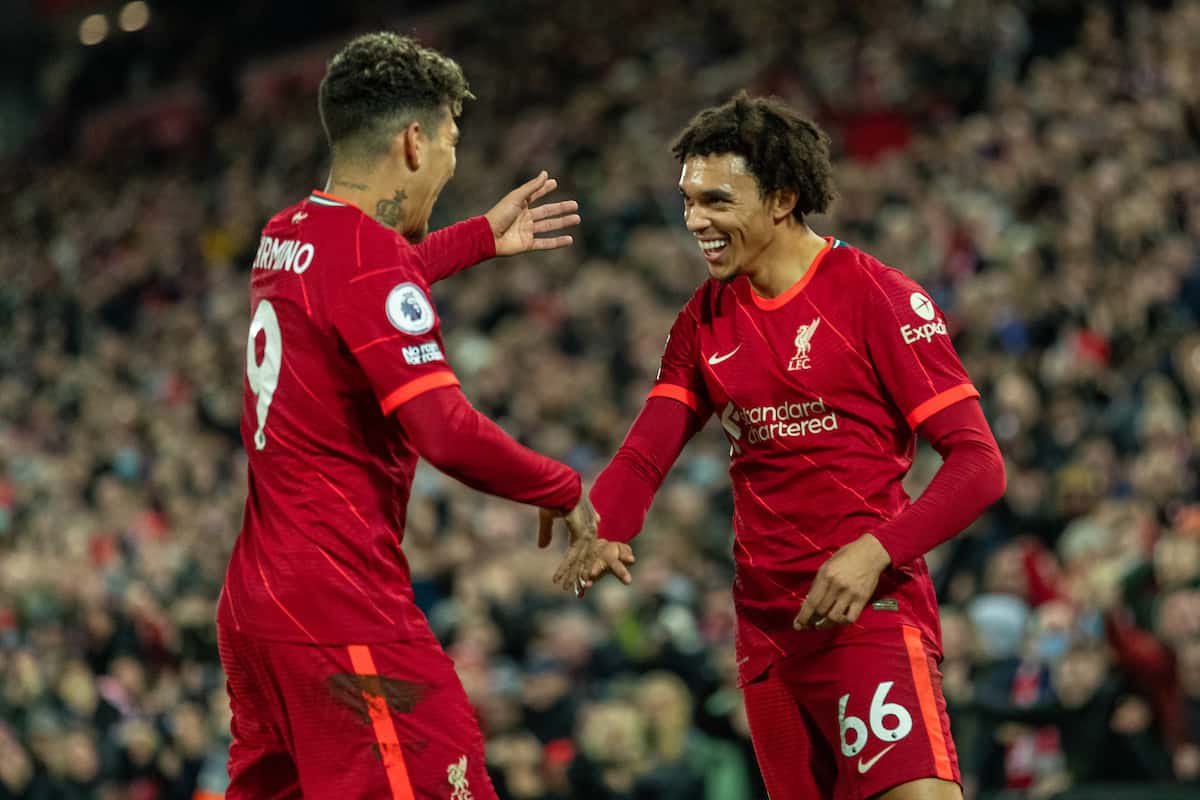 LIVERPOOL, ENGLAND - Thursday, December 16, 2021: Liverpool's Trent Alexander-Arnold (R) celebrates after scoring the third goal during the FA Premier League match between Liverpool FC and Newcastle United FC at Anfield. (Pic by David Rawcliffe/Propaganda)