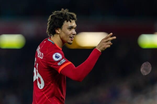 LIVERPOOL, ENGLAND - Thursday, December 16, 2021: Liverpool's Trent Alexander-Arnold celebrates after scoring the third goal during the FA Premier League match between Liverpool FC and Newcastle United FC at Anfield. (Pic by David Rawcliffe/Propaganda)