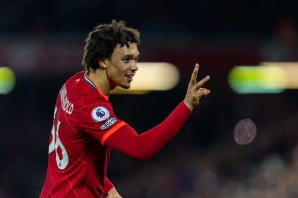 LIVERPOOL, ENGLAND - Thursday, December 16, 2021: Liverpool's Trent Alexander-Arnold celebrates after scoring the third goal during the FA Premier League match between Liverpool FC and Newcastle United FC at Anfield. (Pic by David Rawcliffe/Propaganda)