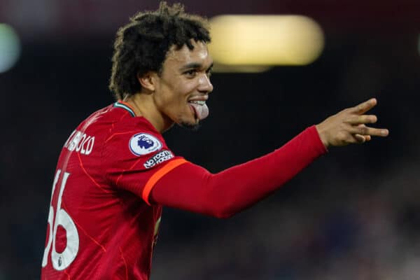 LIVERPOOL, ENGLAND - Thursday, December 16, 2021: Liverpool's Trent Alexander-Arnold celebrates after scoring the third goal during the FA Premier League match between Liverpool FC and Newcastle United FC at Anfield. (Pic by David Rawcliffe/Propaganda)