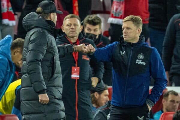 LIVERPOOL, ENGLAND - Thursday, December 16, 2021: Liverpool's manager Jürgen Klopp and Newcastle United's manager Eddie Howe fist bump after the FA Premier League match between Liverpool FC and Newcastle United FC at Anfield. Liverpool won 3-1. (Pic by David Rawcliffe/Propaganda)