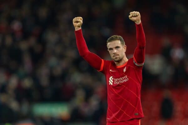 LIVERPOOL, ENGLAND - Thursday, December 16, 2021: Liverpool's captain Jordan Henderson celebrates after the FA Premier League match between Liverpool FC and Newcastle United FC at Anfield. Liverpool won 3-1. (Pic by David Rawcliffe/Propaganda)