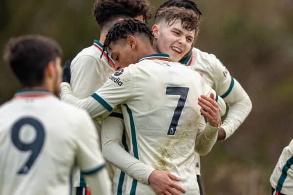 BURNLEY, ENGLAND - Saturday, December 18, 2021: Liverpool's Bobby Clark (R) celebrates after scoring the second goal with team-mate Melkamu Frauendorf during the Under-18 Premier League match between Burnley FC Under-18's and Liverpool FC Under-18's at The Barnfield Training Centre. (Pic by David Rawcliffe/Propaganda)