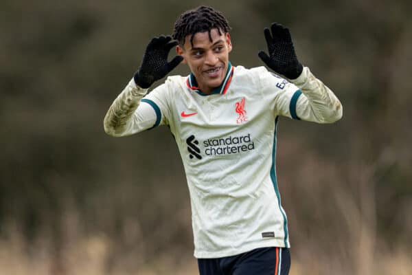 BURNLEY, ENGLAND - Saturday, December 18, 2021: Liverpool's Melkamu Frauendorf celebrates after scoring the third goal during the Under-18 Premier League match between Burnley FC Under-18's and Liverpool FC Under-18's at The Barnfield Training Centre. (Pic by David Rawcliffe/Propaganda)