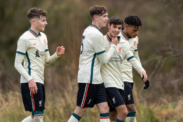 BURNLEY, ENGLAND - Saturday, December 18, 2021: Liverpool's Oakley Cannonier (2nd from R) celebrates after scoring the fifth goal during the Under-18 Premier League match between Burnley FC Under-18's and Liverpool FC Under-18's at The Barnfield Training Centre. (Pic by David Rawcliffe/Propaganda)