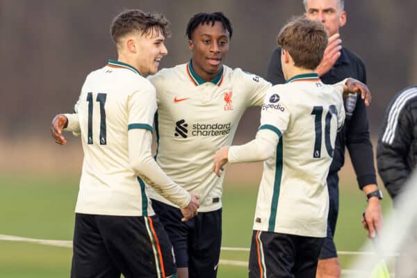 BURNLEY, ENGLAND - Saturday, December 18, 2021: Liverpool's Isaac Babaya (C) celebrates after scoring the first goal during the Under-18 Premier League match between Burnley FC Under-18's and Liverpool FC Under-18's at The Barnfield Training Centre. (Pic by David Rawcliffe/Propaganda)