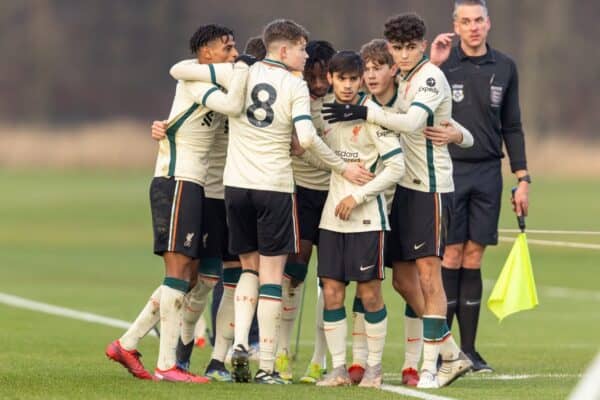 BURNLEY, ENGLAND - Saturday, December 18, 2021: Liverpool's Isaac Babaya (C) celebrates after scoring the first goal during the Under-18 Premier League match between Burnley FC Under-18's and Liverpool FC Under-18's at The Barnfield Training Centre. (Pic by David Rawcliffe/Propaganda)