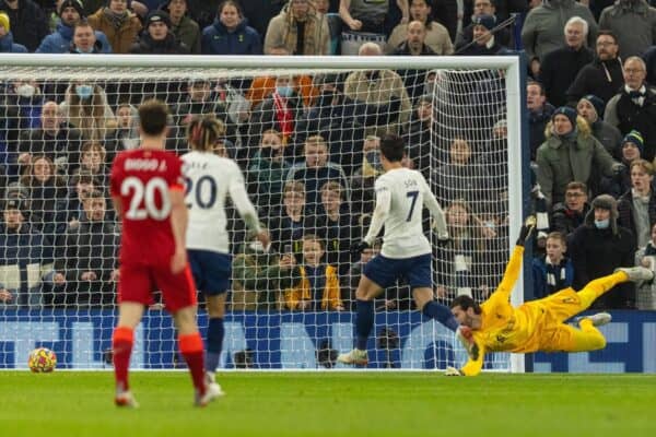 LONDON, ENGLAND - Sunday, December 19, 2021: Liverpool's goalkeeper Alisson Becker is beaten for Tottenham Hotspur's opening goal during the FA Premier League match between Tottenham Hotspur FC and Liverpool FC at the Tottenham Hotspur Stadium. (Pic by David Rawcliffe/Propaganda)