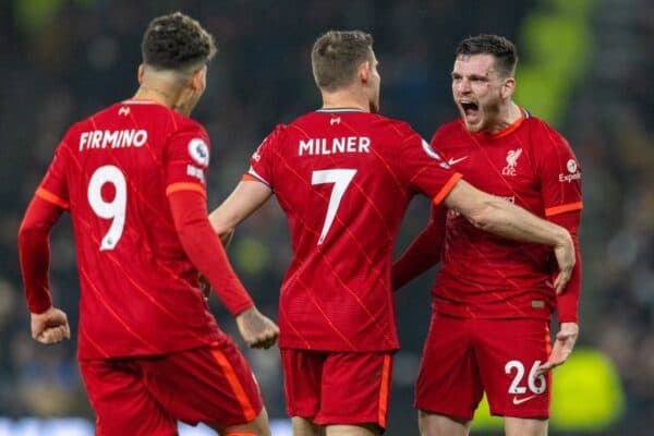 LONDON, ENGLAND - Sunday, December 19, 2021: Liverpool's Andy Robertson (R) celebrates after scoring the second goal during the FA Premier League match between Tottenham Hotspur FC and Liverpool FC at the Tottenham Hotspur Stadium. (Pic by David Rawcliffe/Propaganda)