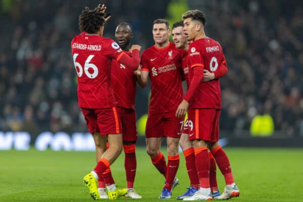 LONDON, ENGLAND - Sunday, December 19, 2021: Liverpool's Andy Robertson (2nf from R) celebrates with team-mates after scoring the second goal during the FA Premier League match between Tottenham Hotspur FC and Liverpool FC at the Tottenham Hotspur Stadium. (Pic by David Rawcliffe/Propaganda)