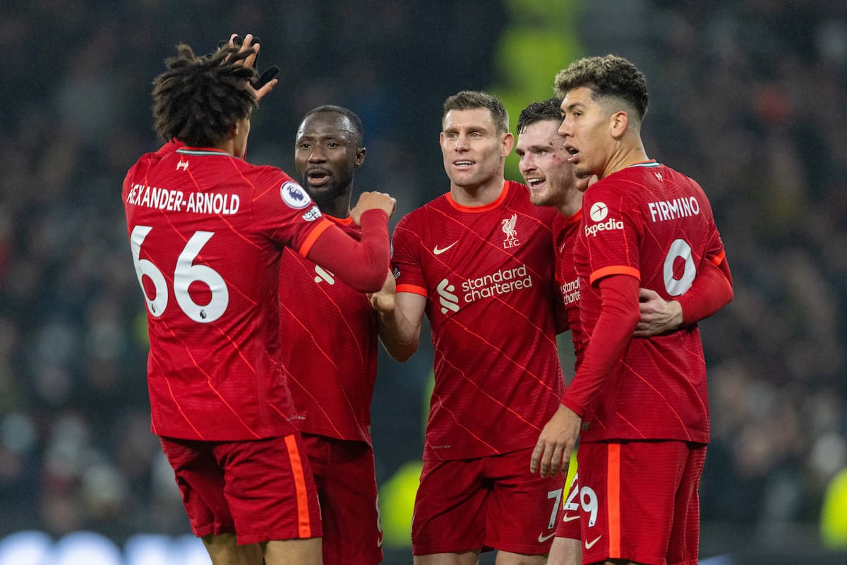 LONDON, ENGLAND - Sunday, December 19, 2021: Liverpool's Andy Robertson (2nf from R) celebrates with team-mates after scoring the second goal during the FA Premier League match between Tottenham Hotspur FC and Liverpool FC at the Tottenham Hotspur Stadium. (Pic by David Rawcliffe/Propaganda)