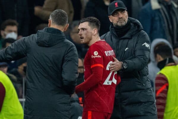 LONDON, ENGLAND - Sunday, December 19, 2021: Liverpool's Andy Robertson walks off past manager Jürgen Klopp after being shown a red card and sent off during the FA Premier League match between Tottenham Hotspur FC and Liverpool FC at the Tottenham Hotspur Stadium. (Pic by David Rawcliffe/Propaganda)