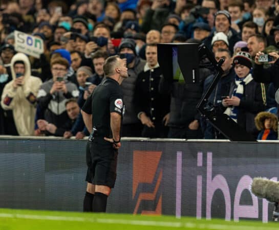 LONDON, ENGLAND - Sunday, December 19, 2021: Referee Paul Tierney checks the VAR monitor before sending off Liverpool's Andy Robertson during the FA Premier League match between Tottenham Hotspur FC and Liverpool FC at the Tottenham Hotspur Stadium. (Pic by David Rawcliffe/Propaganda)